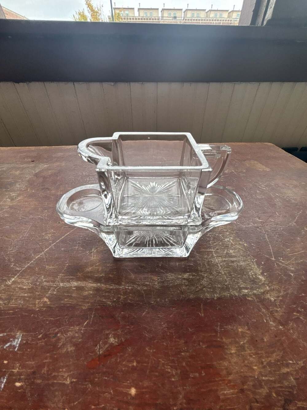 Vintage Heisey Art Deco Quator Clear Glass Stacking Creamer and Sugar Set